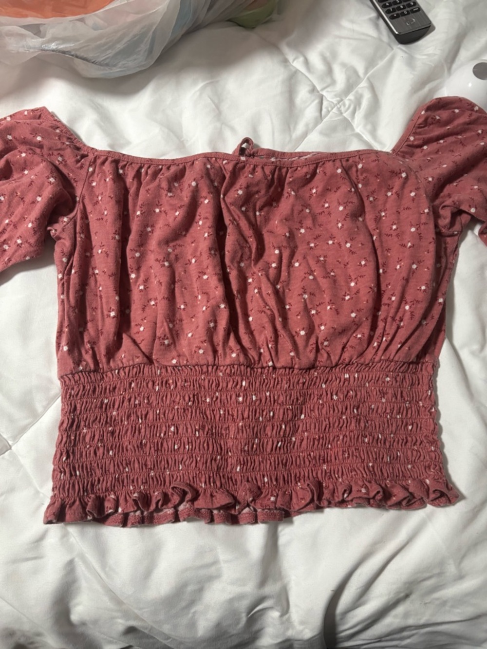 Off-Shoulder Smocked Waist Pink Floral Crop Top